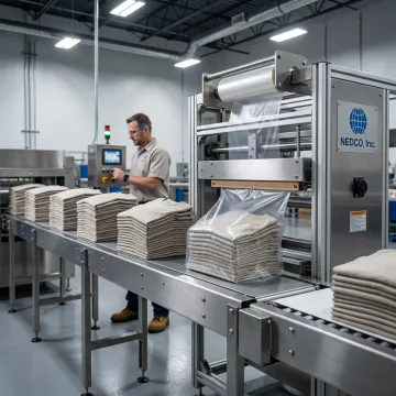 Industrial conveyor moving folded apparel through packaging