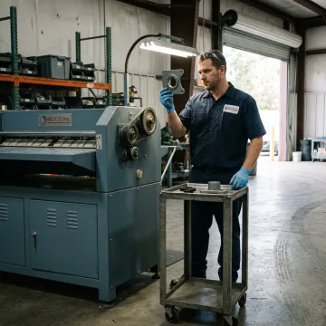 Technician reviewing replacement parts for industrial textile equipment