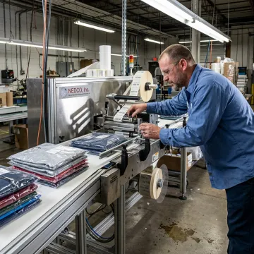 Technician reviewing labeling equipment on a production line