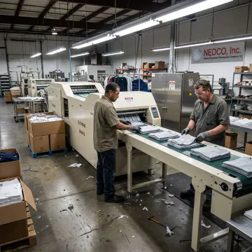 Automatic packaging equipment folding shirts in a production facility