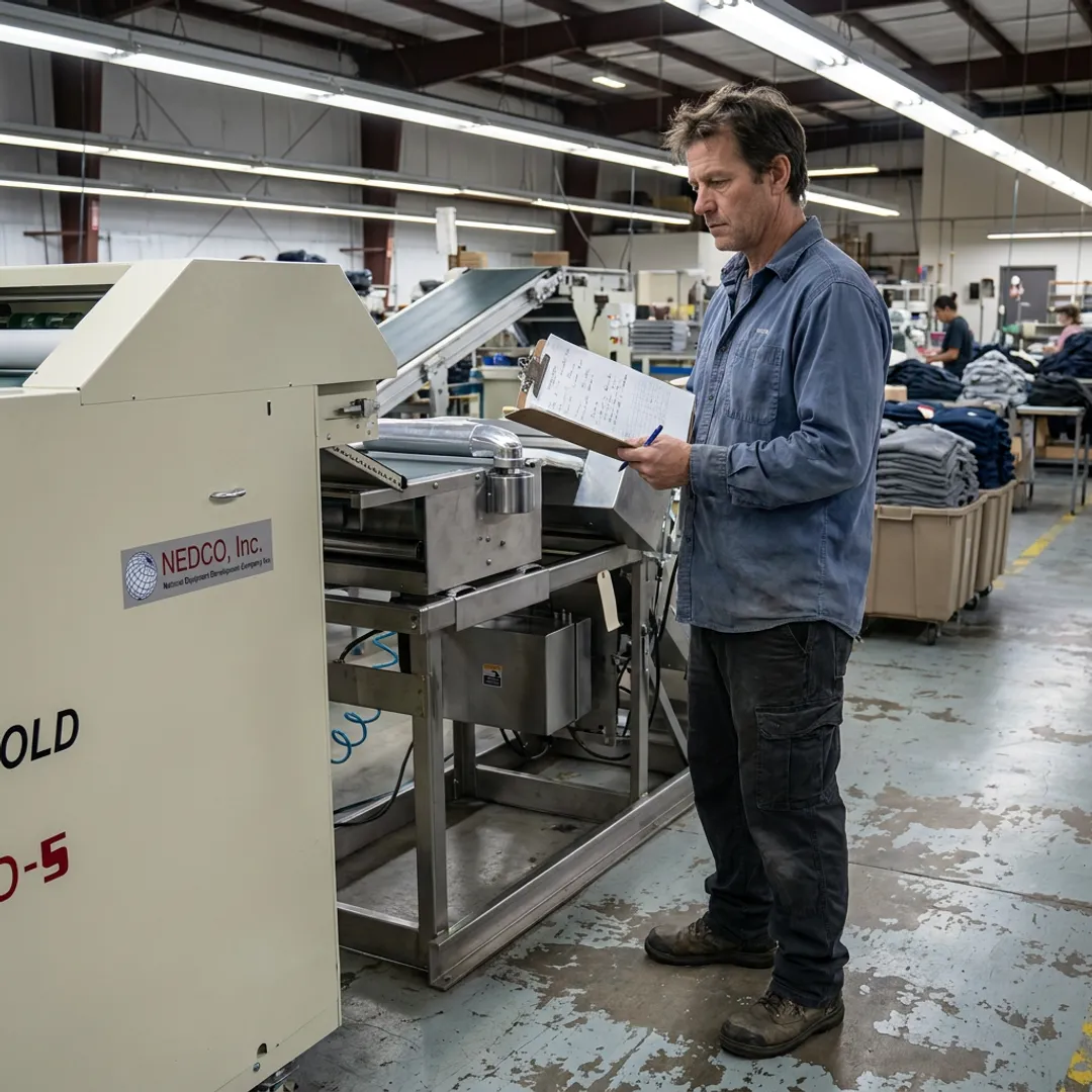 Technician reviewing packaging equipment service details