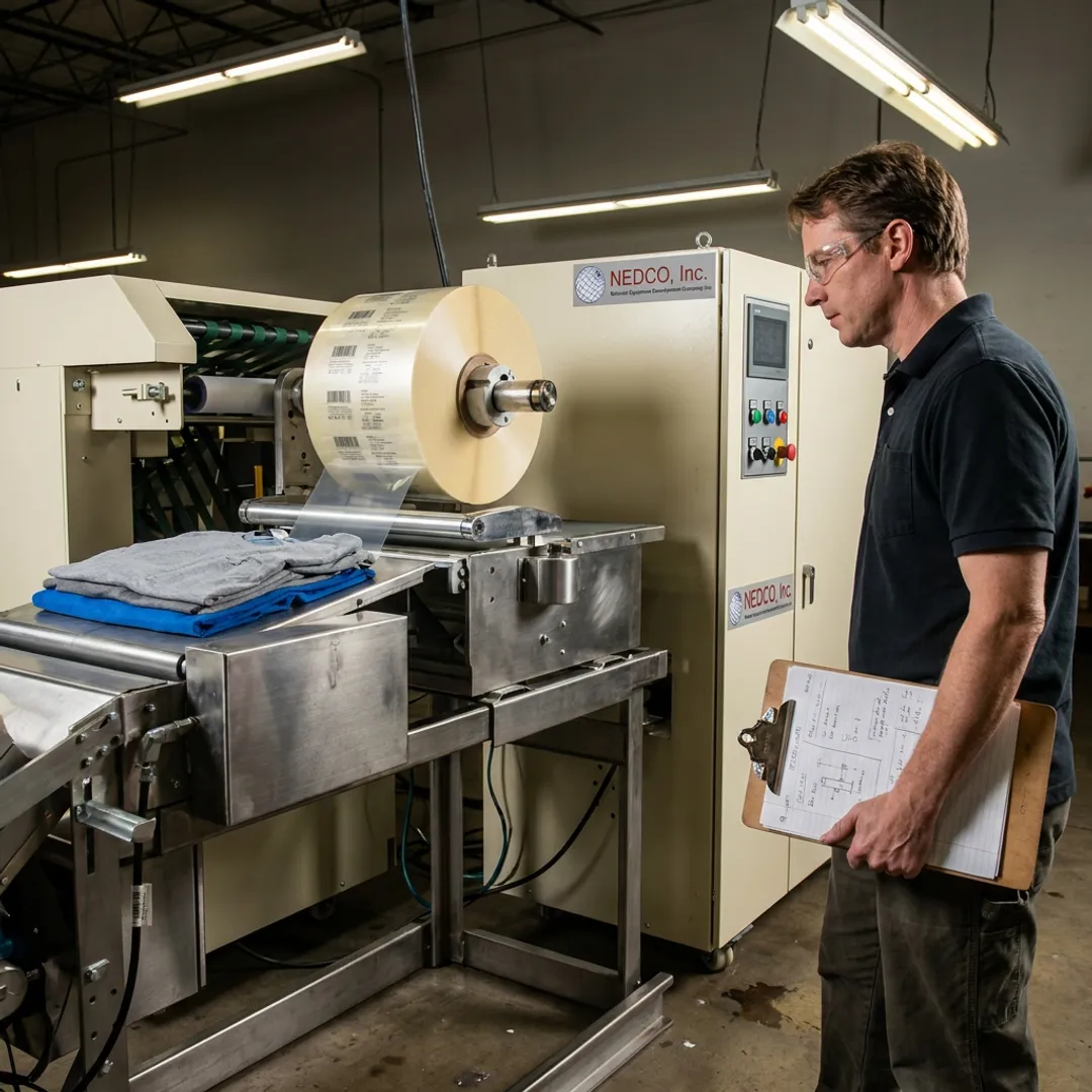 Engineer reviewing apparel labeling equipment