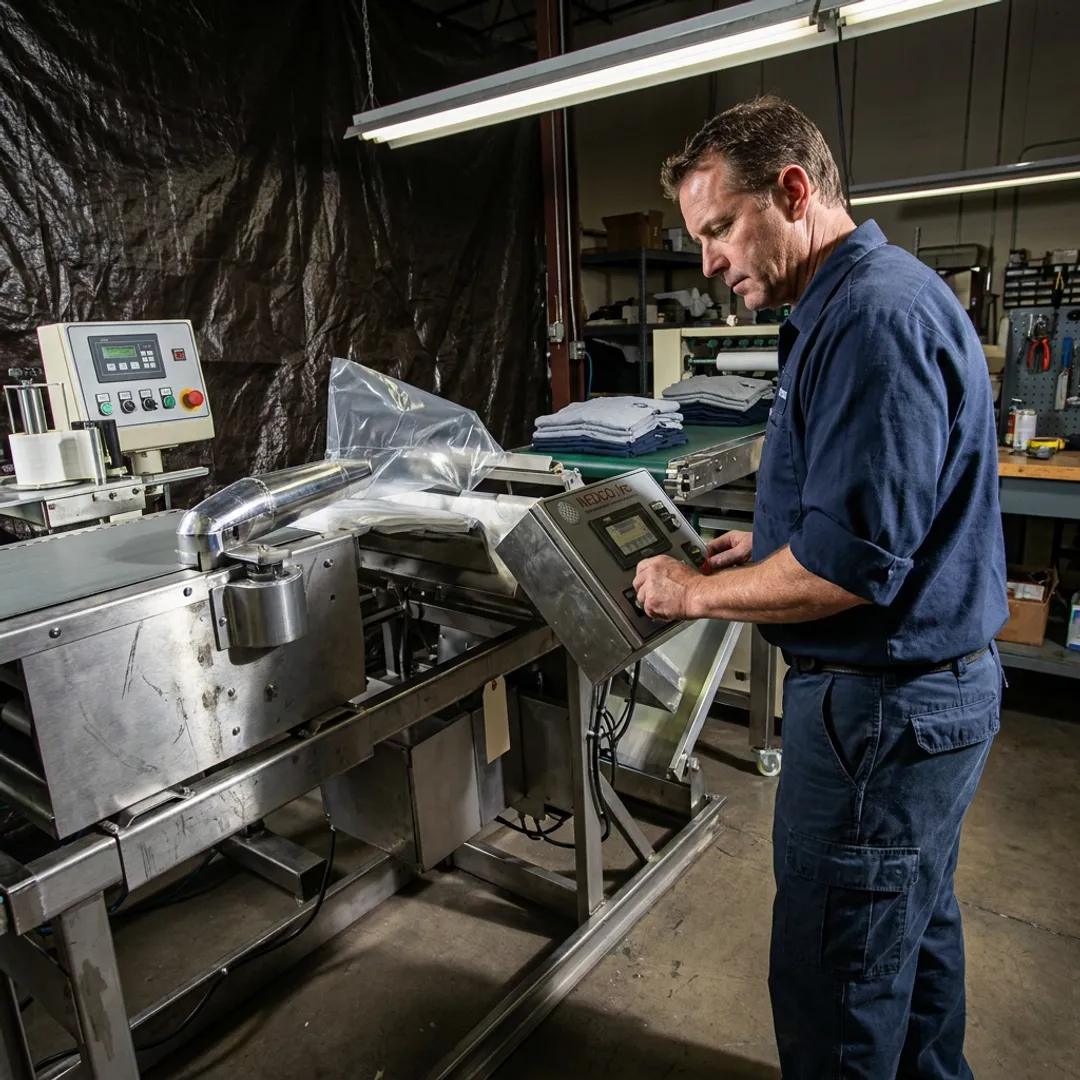 Technician reviewing automated packaging equipment