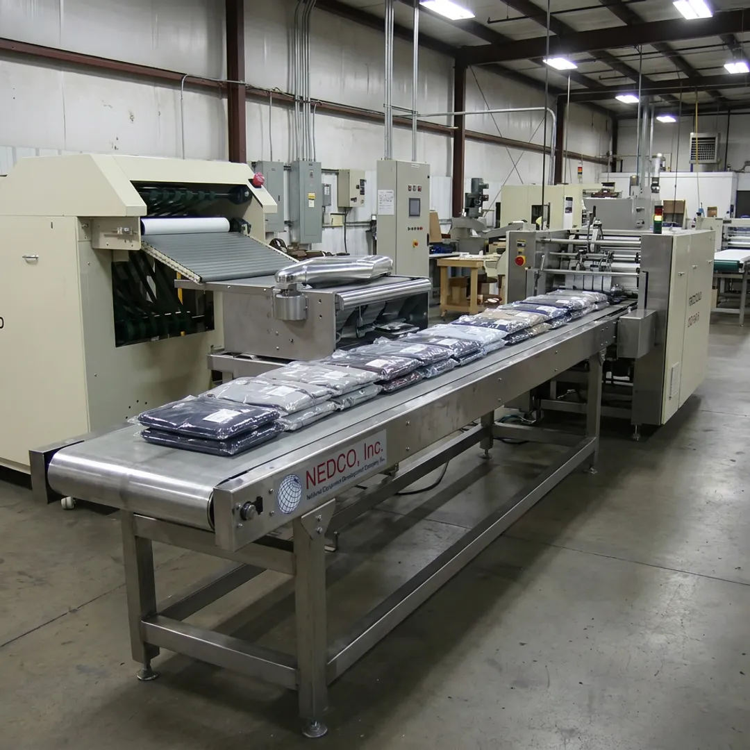 Accumulation conveyor moving packaged apparel