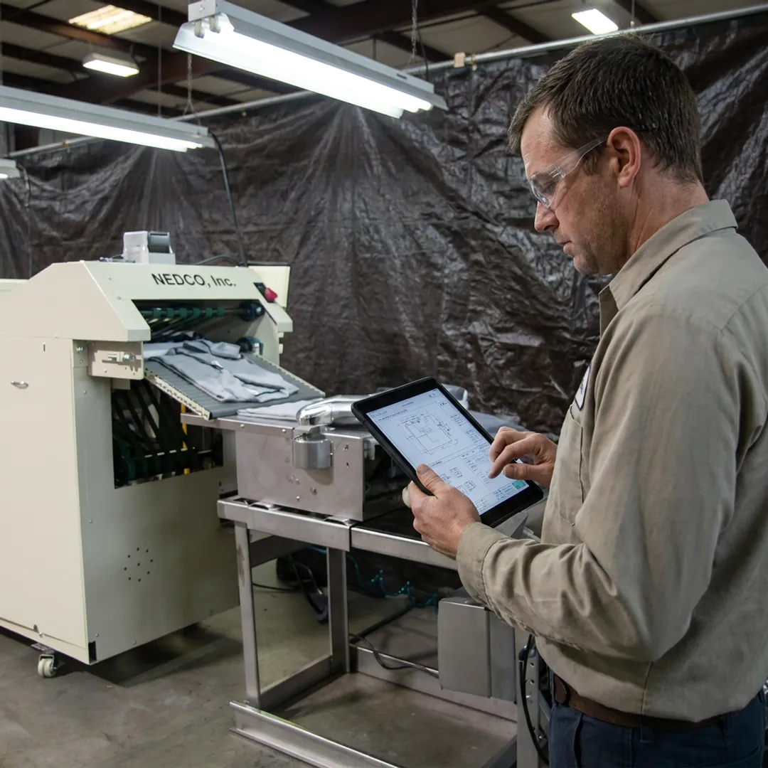 Engineer reviewing packaging machinery process