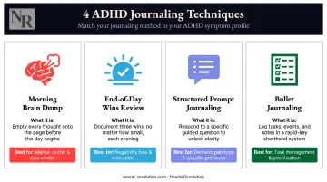 Four ADHD journaling techniques matched to specific symptoms and challenges comparison chart