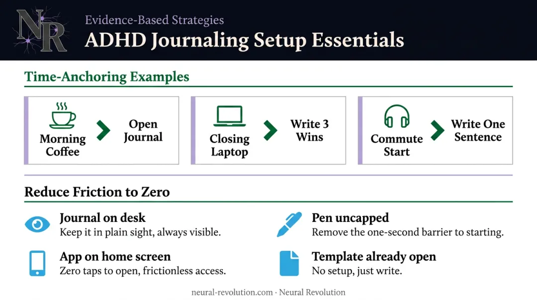 ADHD journaling habit setup checklist reducing friction and time anchoring strategies