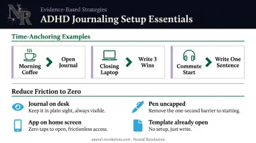 ADHD journaling habit setup checklist reducing friction and time anchoring strategies