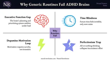 Four ADHD routine failure factors executive function time blindness dopamine perfectionism