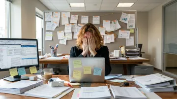 Professional adult at desk appearing overwhelmed by tasks and workplace cognitive demands
