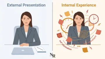Professional high achiever appearing composed externally while internally overwhelmed and exhausted