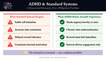 Standard productivity systems versus ADHD brain needs comparison breakdown infographic