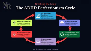 Six-step ADHD perfectionism cycle loop diagram with stages and arrows