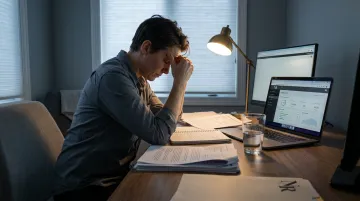 Exhausted professional at desk overwhelmed by perfectionism anxiety and cognitive load