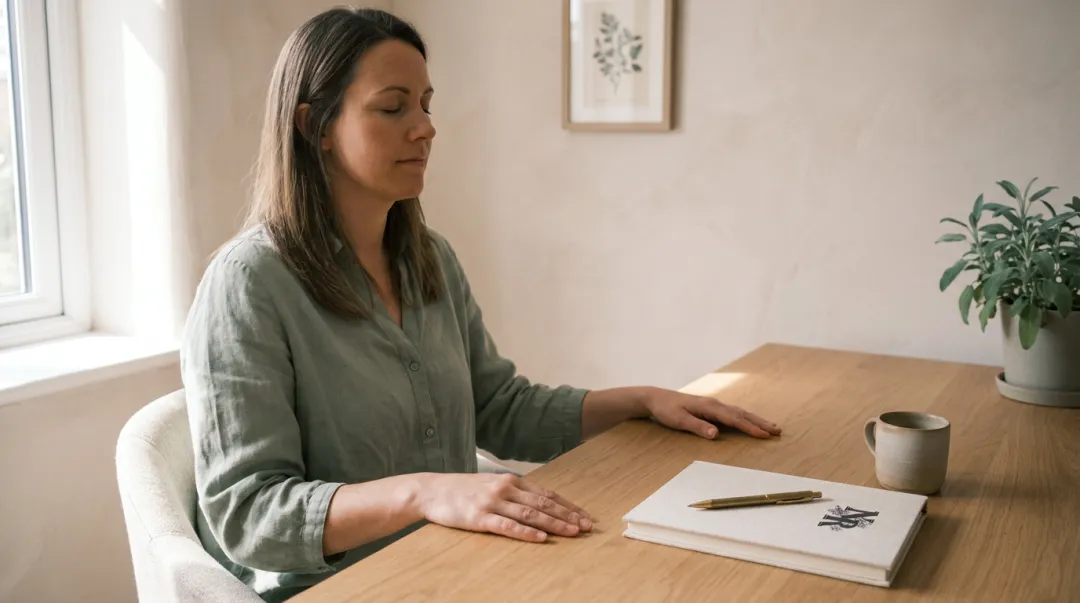 Adult with ADHD practicing mindful pause during emotional regulation moment at desk