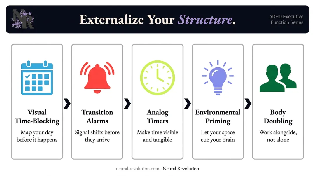 Five external scaffolding strategies for ADHD executive dysfunction process infographic
