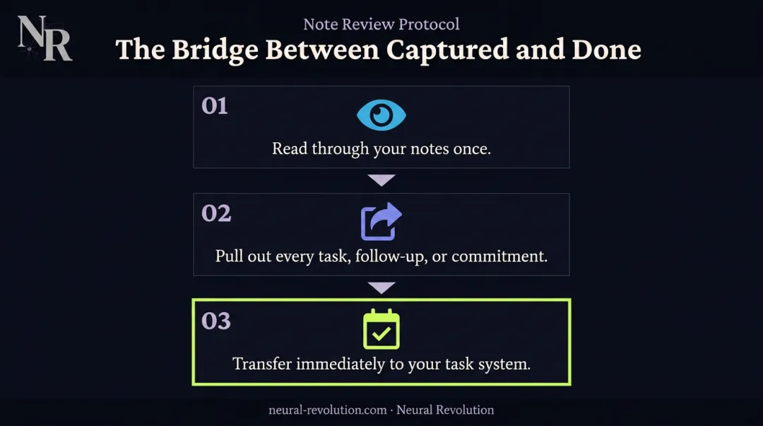 Three-step extract and transfer ritual turning ADHD meeting notes into action items