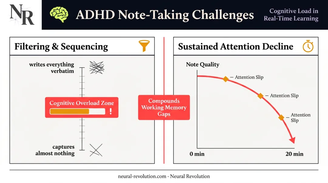Two ADHD executive function deficits affecting note-taking filtering and sustained attention