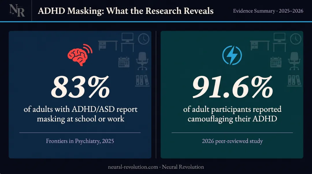 ADHD masking prevalence statistics showing 83 and 91 percent adult rates