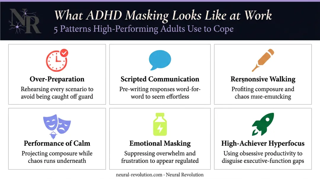 Five common ADHD masking patterns in the workplace visual overview