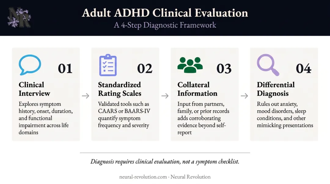 Four-step adult ADHD clinical evaluation process from interview to differential diagnosis