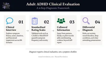 Four-step adult ADHD clinical evaluation process from interview to differential diagnosis