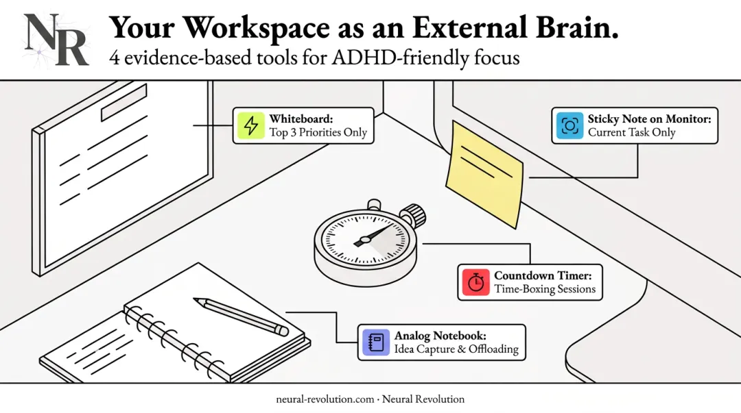 ADHD home office visual cues setup with whiteboard timer sticky notes and notebook