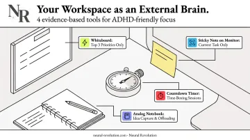 ADHD home office visual cues setup with whiteboard timer sticky notes and notebook