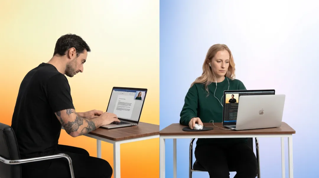 Virtual body doubling video call session with two remote workers focusing independently