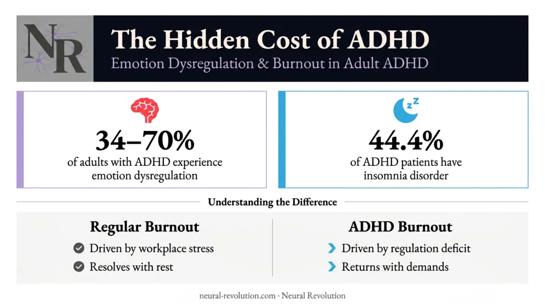 ADHD emotion dysregulation prevalence statistics and burnout connection infographic