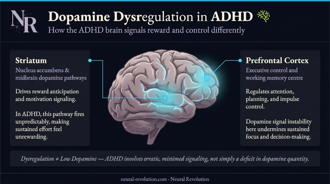 ADHD dopamine dysregulation brain regions striatum prefrontal cortex diagram