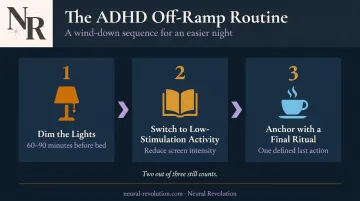 Three-step ADHD sleep off-ramp evening routine wind-down sequence infographic