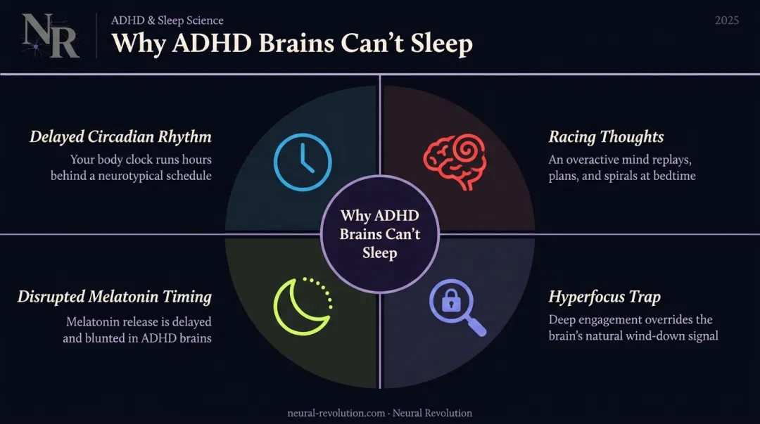 Four ADHD sleep disruption mechanisms circular infographic with icons