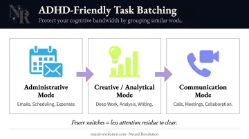 ADHD task batching by cognitive type three-block workflow strategy infographic