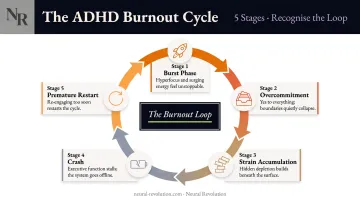 5-stage ADHD burnout cycle loop diagram from burst phase to crash
