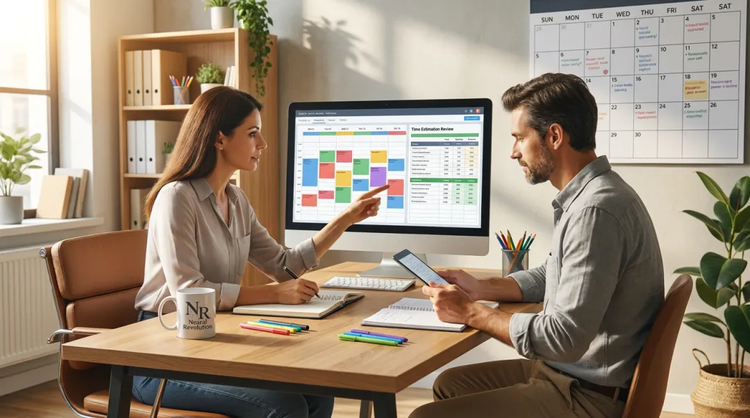 ADHD coach and client reviewing time tracking data and project estimation patterns