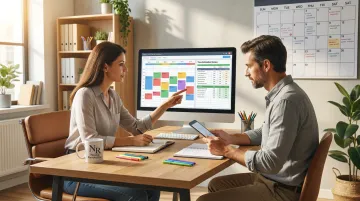 ADHD coach and client reviewing time tracking data and project estimation patterns