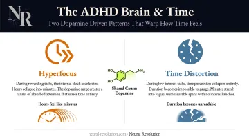 ADHD dopamine dysregulation causing hyperfocus versus time distortion comparison infographic