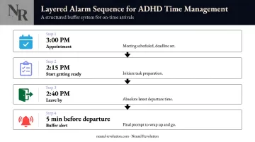 Four-step layered ADHD alarm system for appointment time management infographic