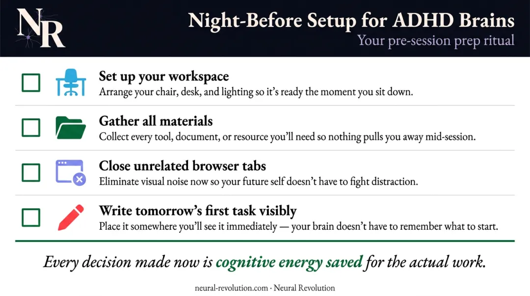 ADHD pre-work session friction reduction checklist four evening preparation steps