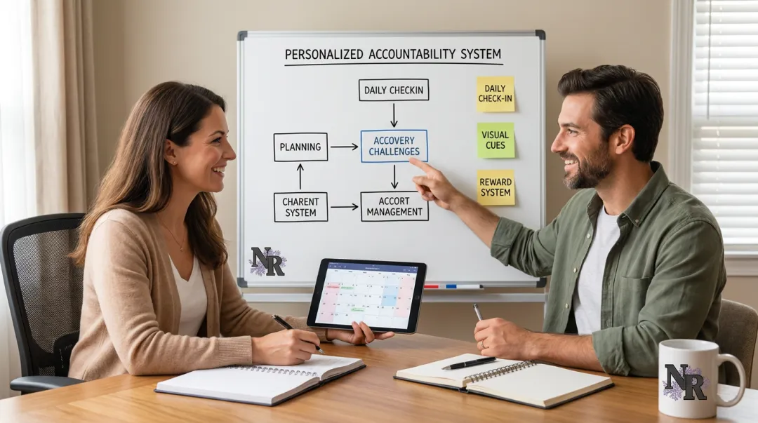 ADHD coach and client collaborating on personalized accountability system during coaching session