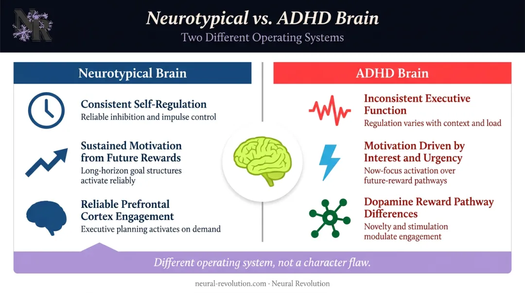 ADHD executive function challenges versus neurotypical brain comparison infographic