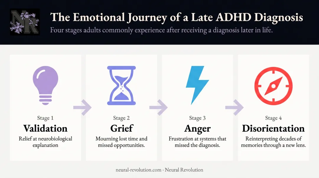Four emotional stages adults experience after late ADHD diagnosis infographic
