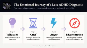 Four emotional stages adults experience after late ADHD diagnosis infographic