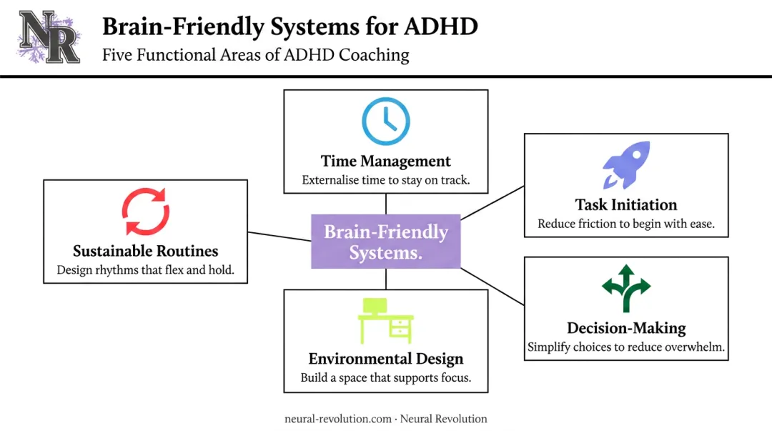 Five ADHD coaching functional areas from time management to sustainable routines