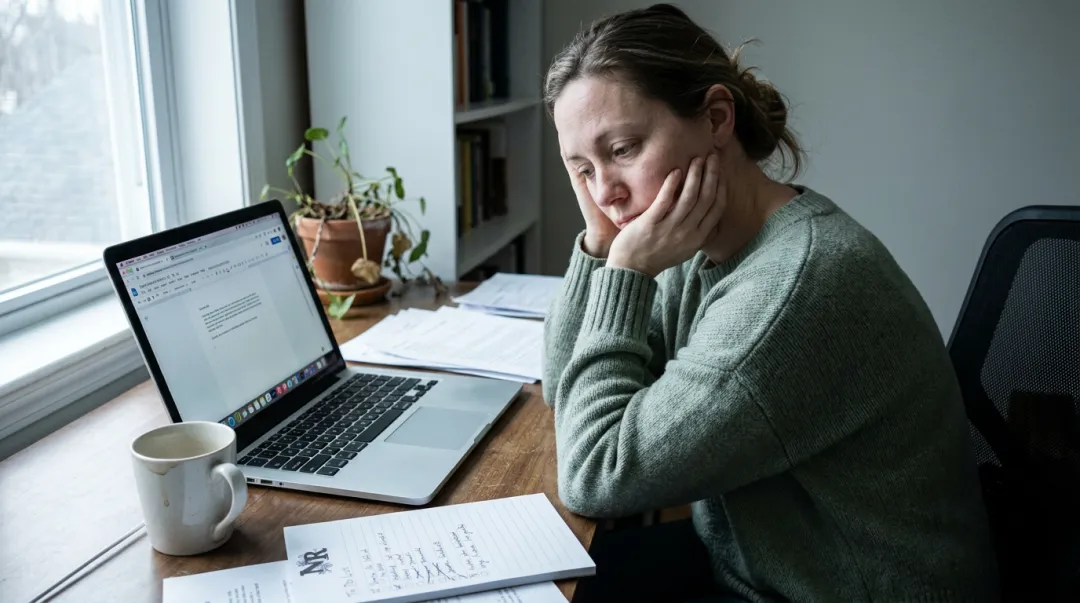 Adult professional sitting alone at desk overwhelmed by unfinished tasks and disorganization