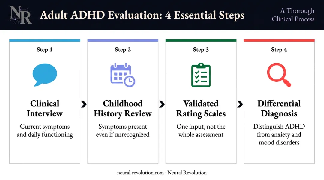 Four-step adult ADHD evaluation process for women clinical assessment infographic