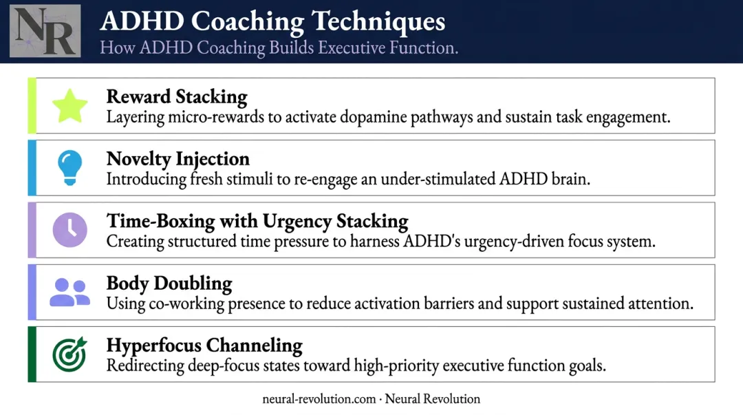 5 ADHD executive function coaching techniques infographic with dopamine and focus strategies