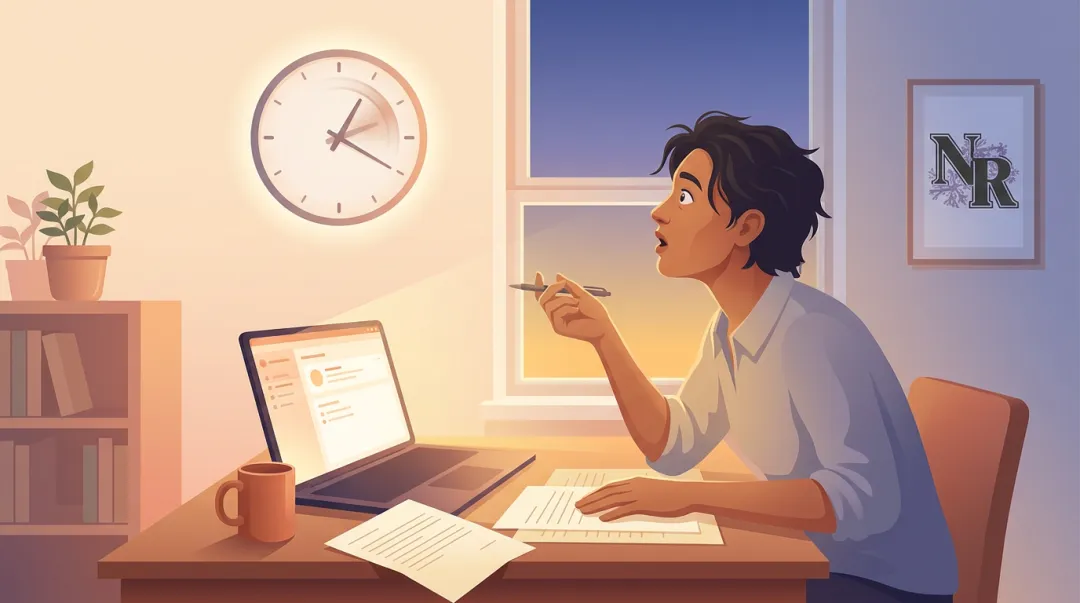 Person startled looking at clock realizing time has passed unexpectedly