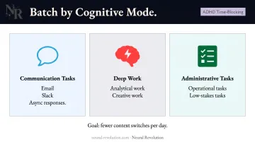 ADHD task batching three cognitive mode grouping strategy diagram infographic